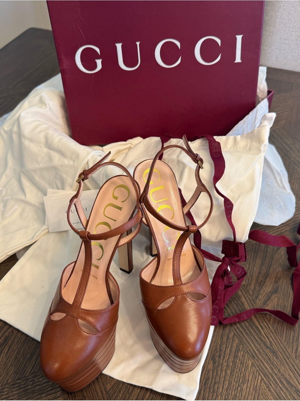 Gucci Brown Leather T-Strap Platform Sandals